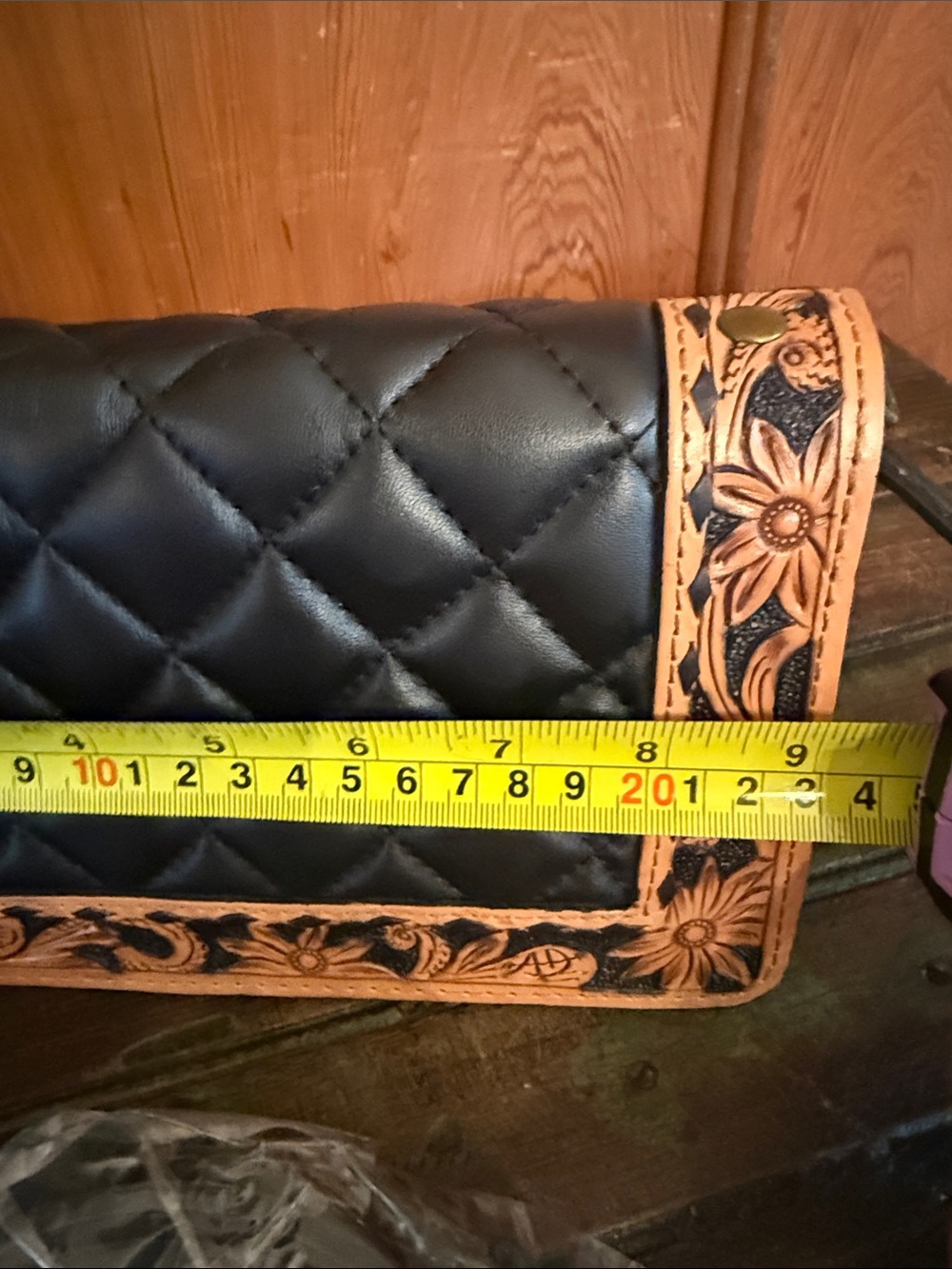 American Darling Black Quilted Wallet with Tan Hand-Tooled Floral Trim - Picture 9 of 10